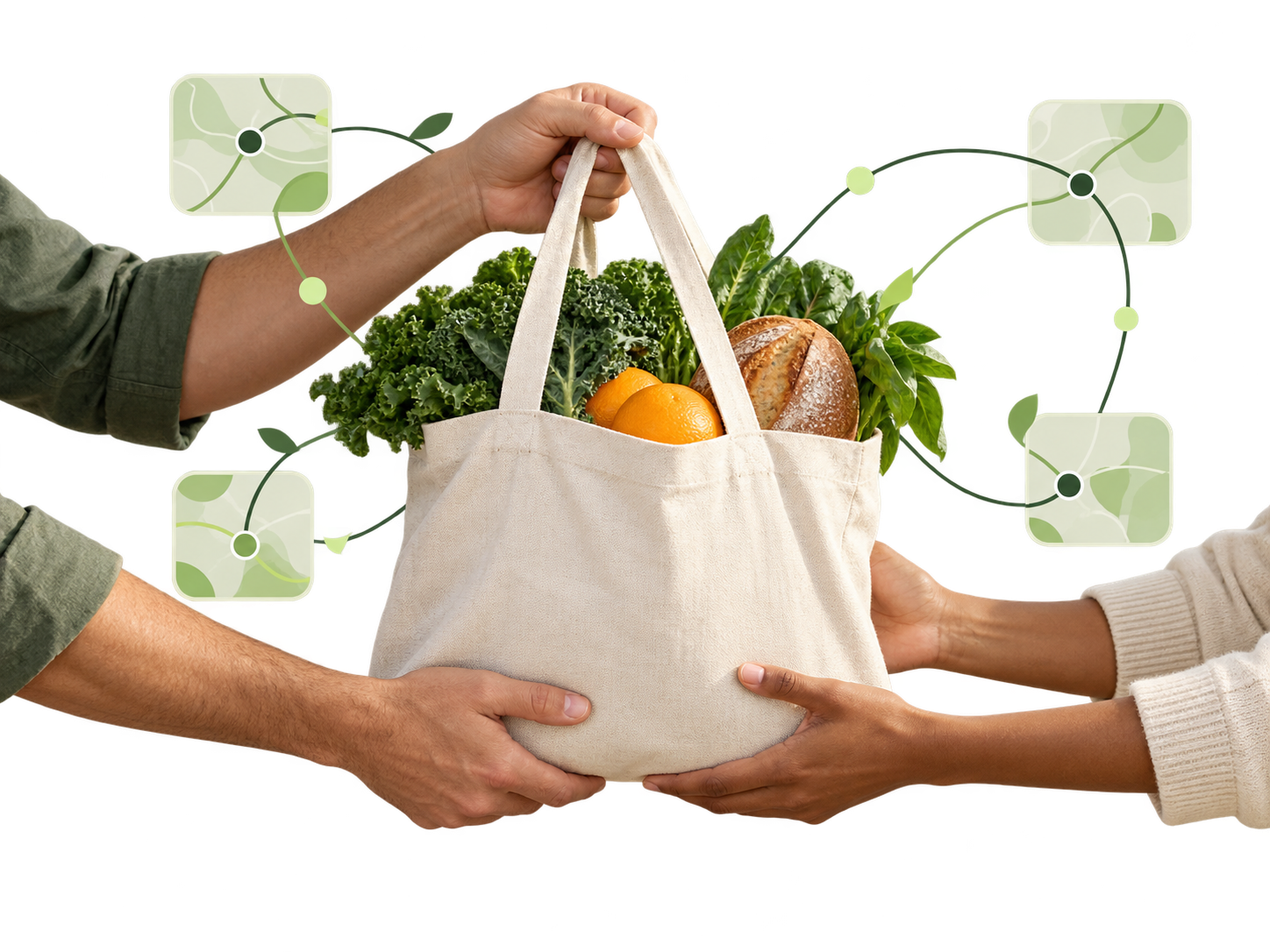Hands sharing a bag of fresh food, linked by a quiet digital network of community connections